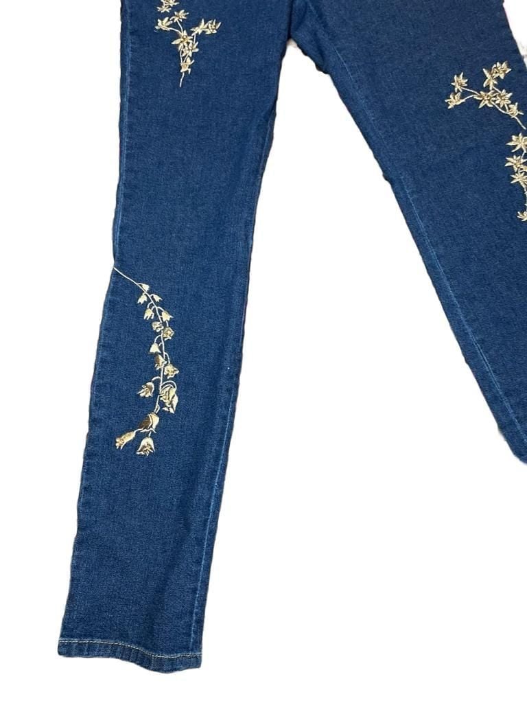 Escada Denim Jeans with Gold Embroidered Floral Vines and Sequins Size 40 7