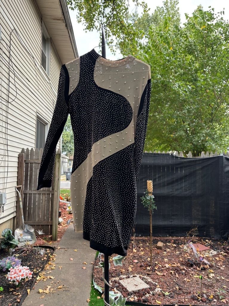 Black and Nude Mesh Rhinestone Pearl Long Sleeve Mini Dress 2
