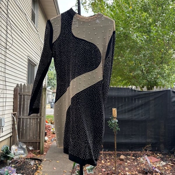Black and Nude Mesh Rhinestone Pearl Long Sleeve Mini Dress