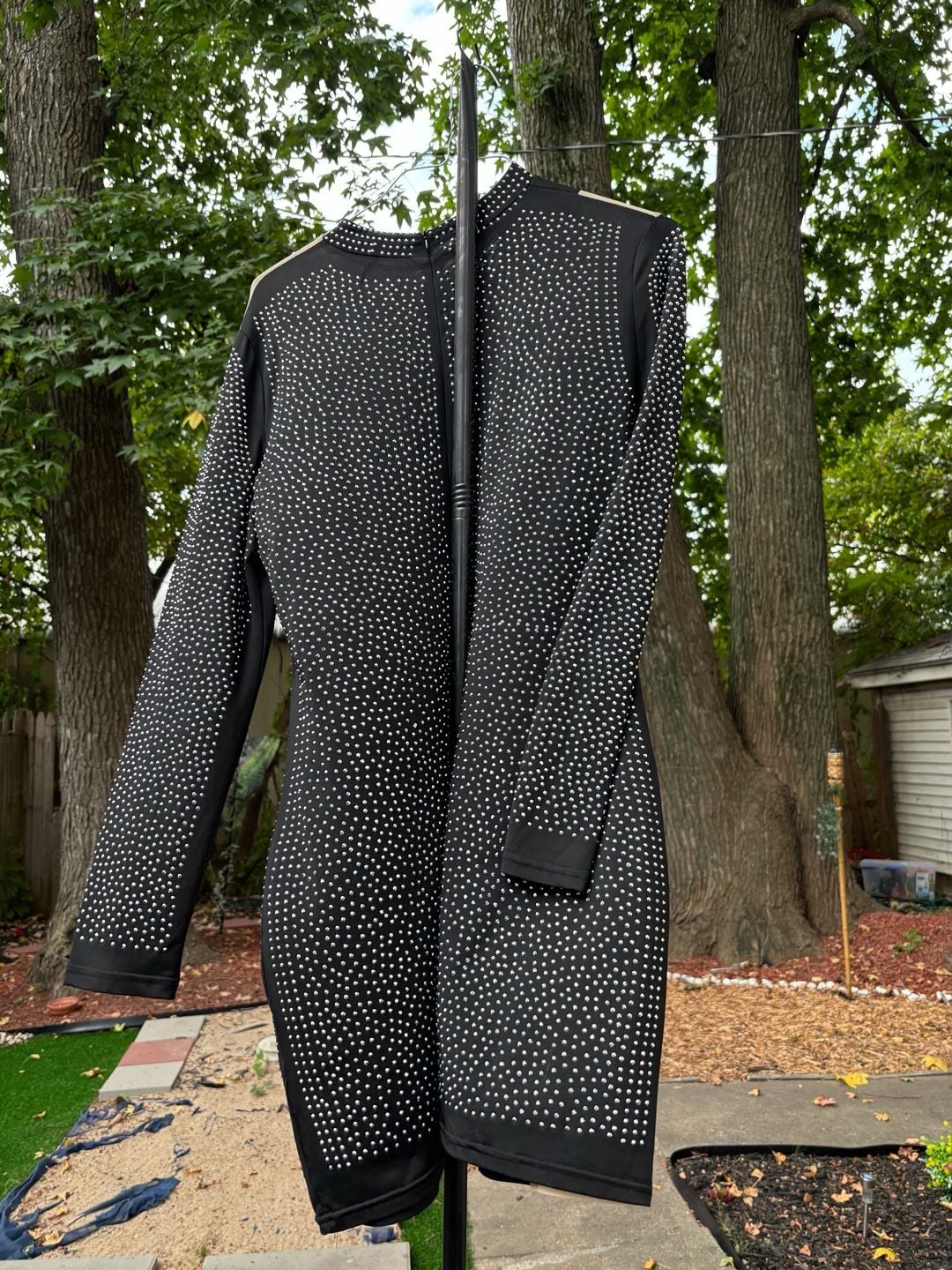 Black and Nude Mesh Rhinestone Pearl Long Sleeve Mini Dress 3