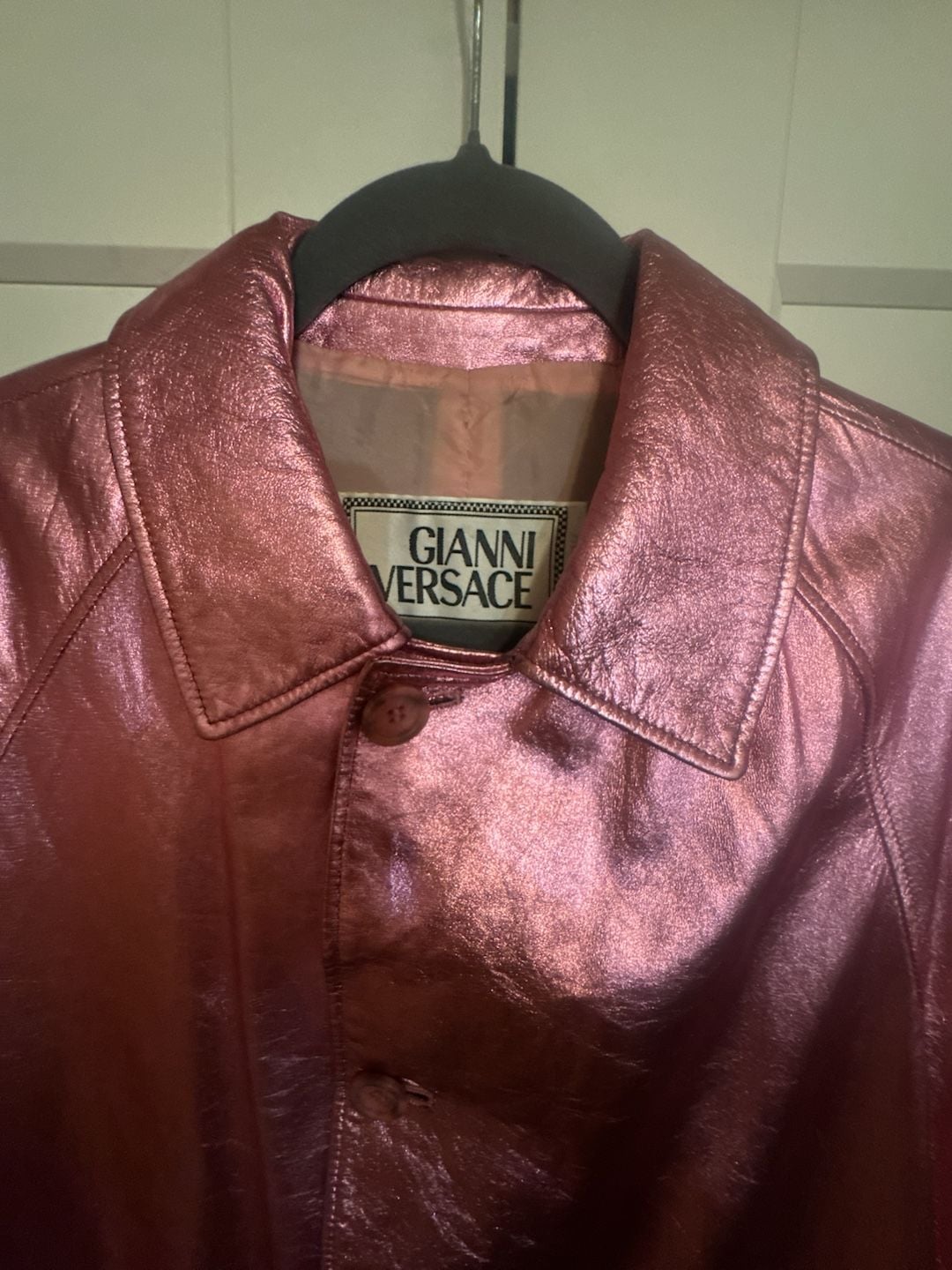 Gianni Versace Pink Metallic 100% Leather Long Coat Jacket 3