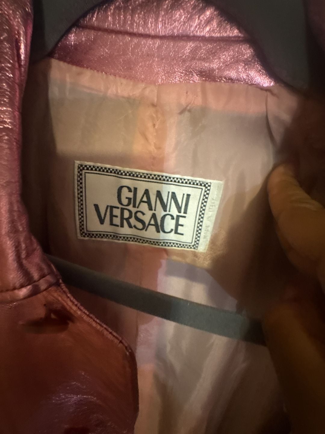 Gianni Versace Pink Metallic 100% Leather Long Coat Jacket 12