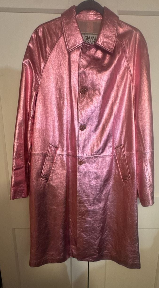 Gianni Versace Pink Metallic 100% Leather Long Coat Jacket 2