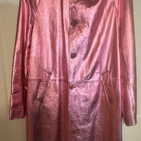 Gianni Versace Pink Metallic 100% Leather Long Coat Jacket