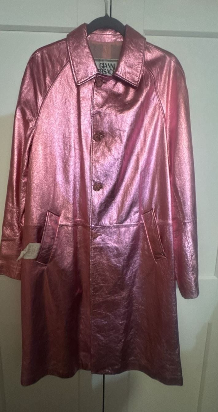 Gianni Versace Pink Metallic 100% Leather Long Coat Jacket 6
