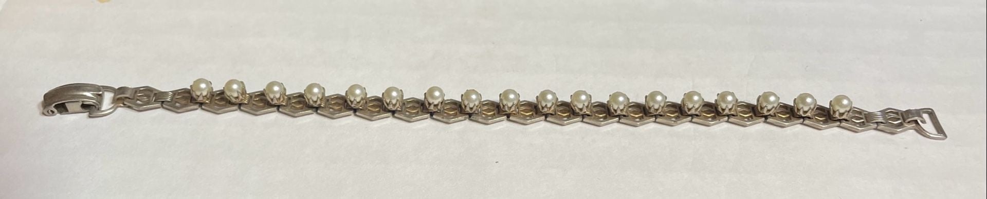 Vintage Art Deco Geometric Faux Pearl Metal Link Bracelet 2