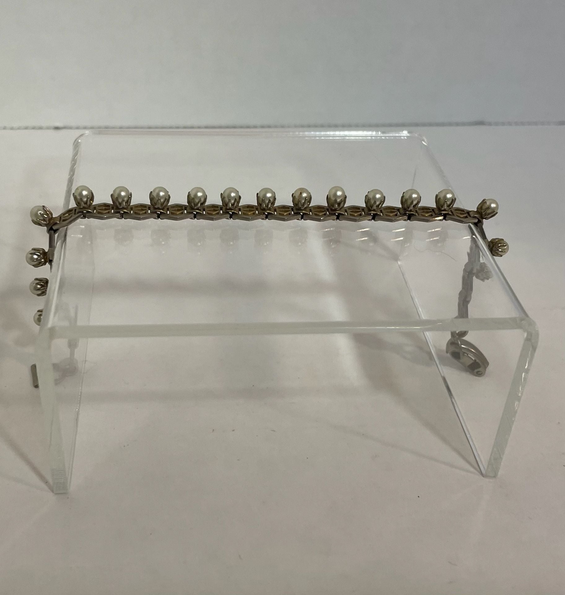Vintage Art Deco Geometric Faux Pearl Metal Link Bracelet 3