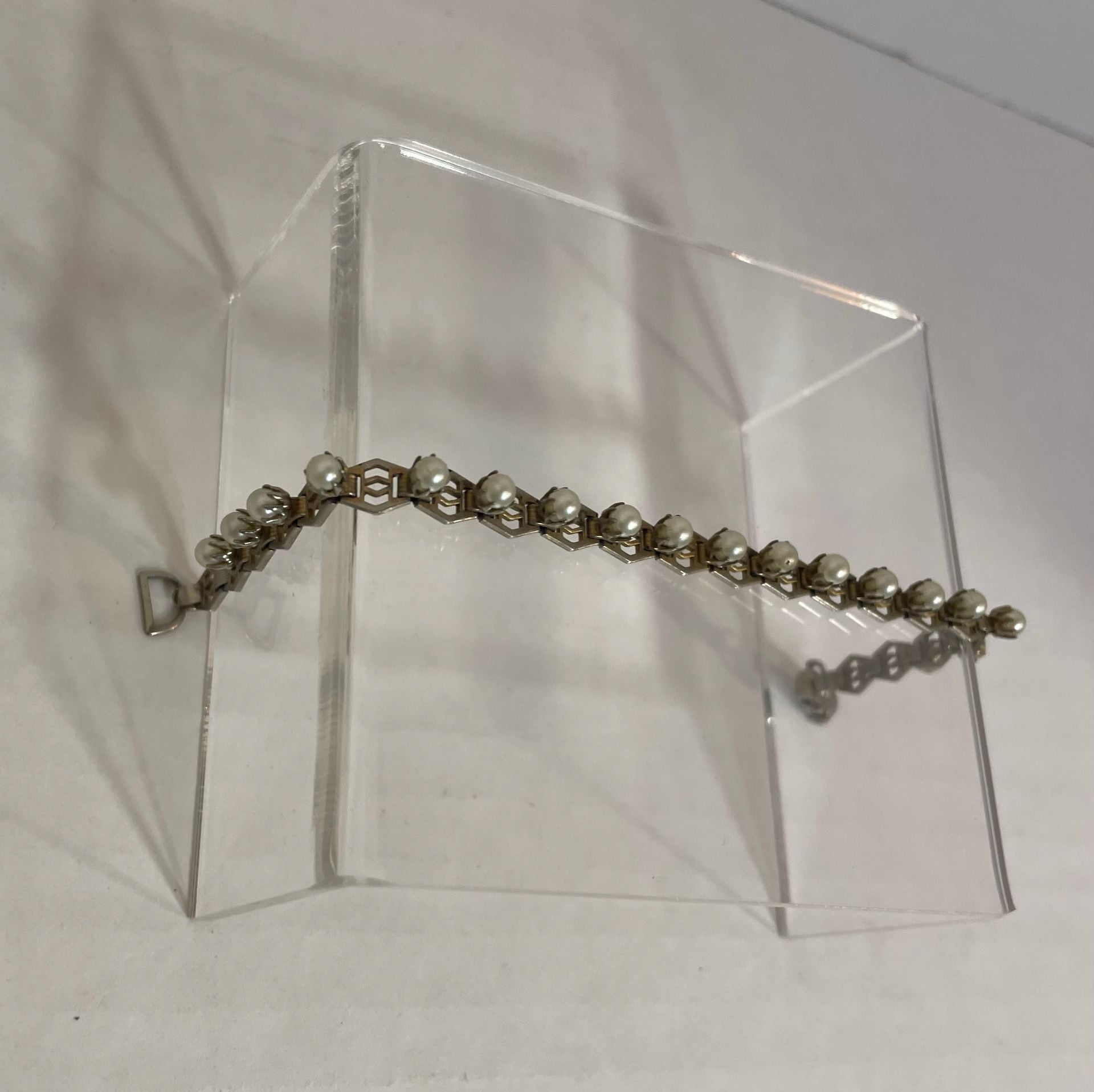 Vintage Art Deco Geometric Faux Pearl Metal Link Bracelet 5