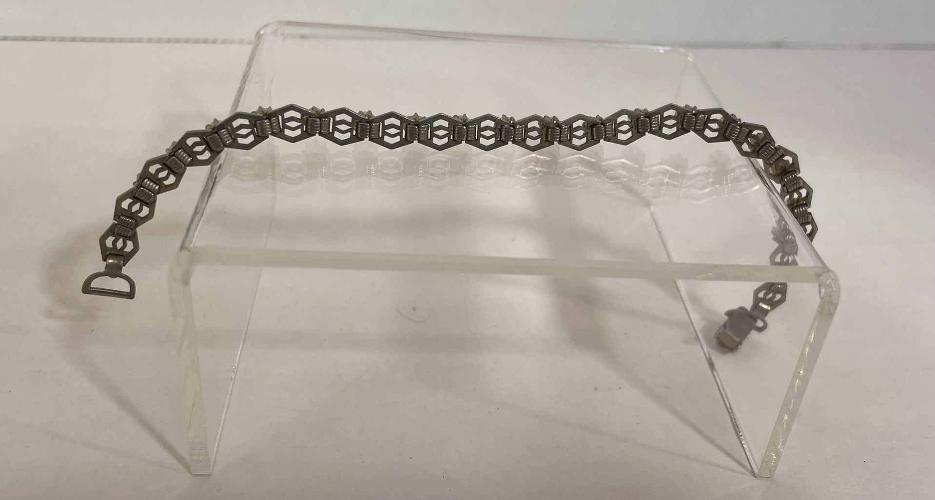 Vintage Art Deco Geometric Faux Pearl Metal Link Bracelet 6