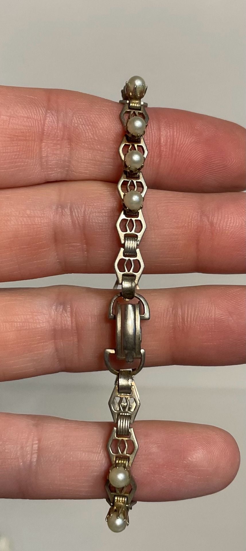Vintage Art Deco Geometric Faux Pearl Metal Link Bracelet 9