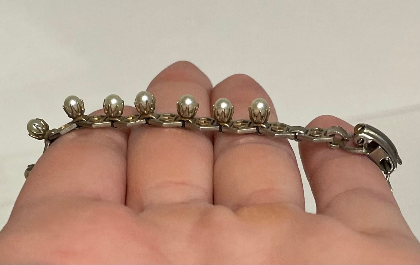 Vintage Art Deco Geometric Faux Pearl Metal Link Bracelet 10