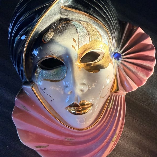 Vintage Italian Hand Painted Ceramic Wall Mask with Gold Accents and Blue Jewel