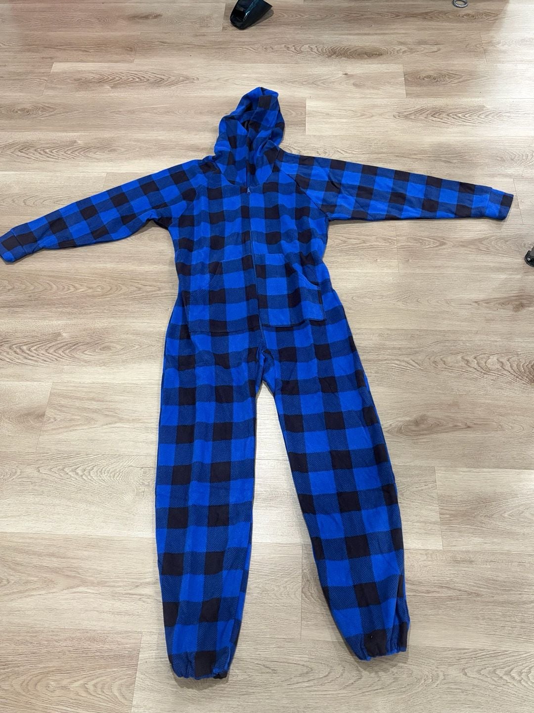 Xmascoming Unisex Blue and Black Buffalo Plaid Fleece Hooded 1sie Pajamas Size S 2