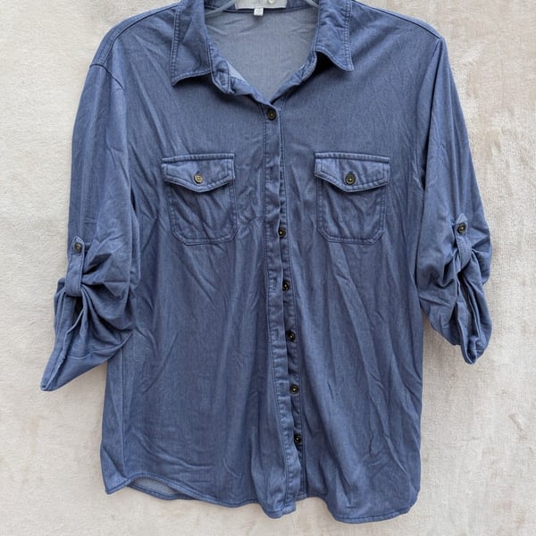 Eden & Olivia Blue Knit Denim Button Down Roll Tab Sleeve Shirt Size M