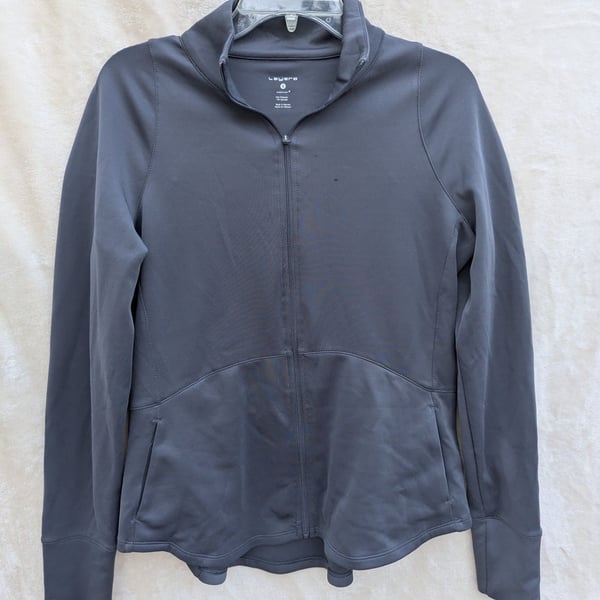 Layer 8 Women Jacket Small Gray Mock Neck Full Zip Qwick-Dry Active Thumb Holes