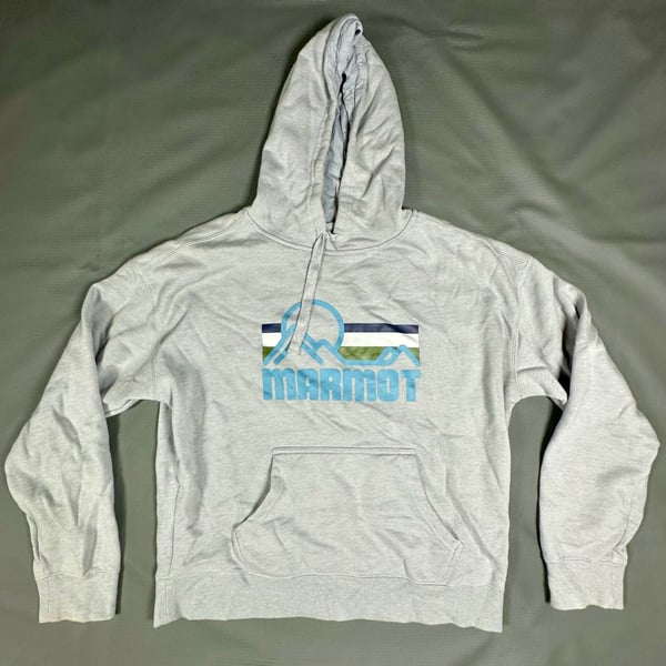 Marmot Coastal Logo Graphic Gray Pullover Hoodie Sweatshirt Size Large