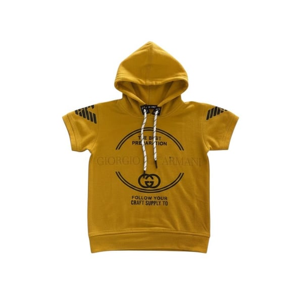 Snow Ice Yellow Short Sleeve Hooded Sweatshirt With Graphic Print