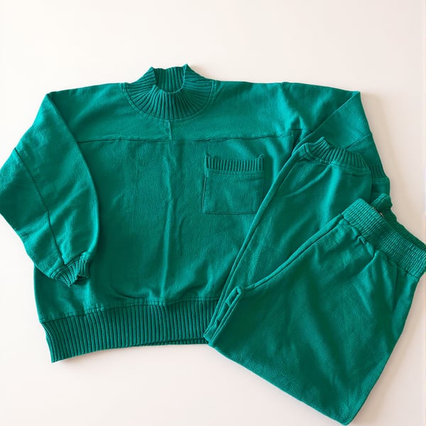Daniel Caron Vintage Teal Green Cotton Mock Neck Sweater and Jogger Pants Set