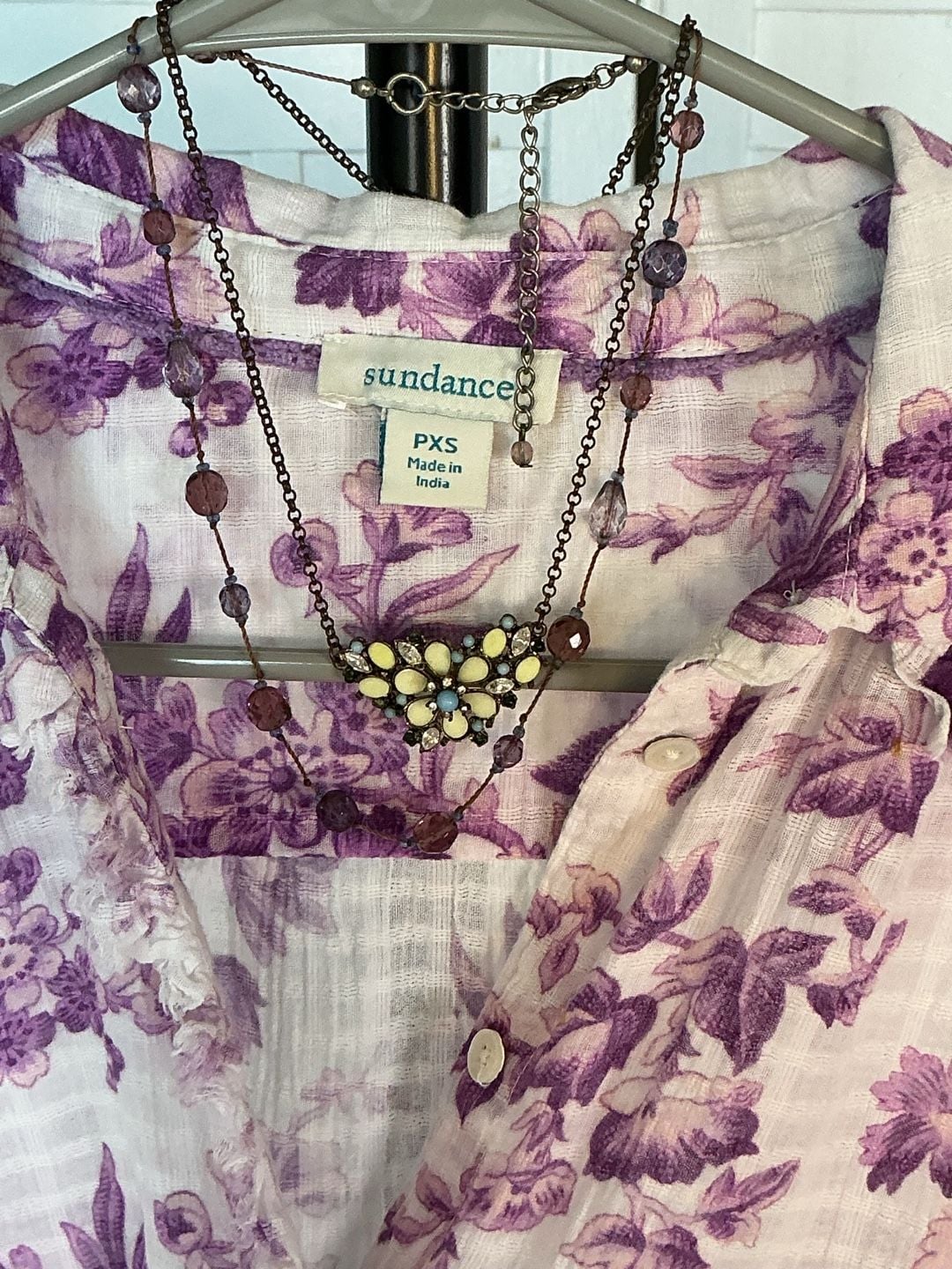 Sundance Purple and White Floral Toile Bird Long Sleeve Button Down Blouse PXS 5