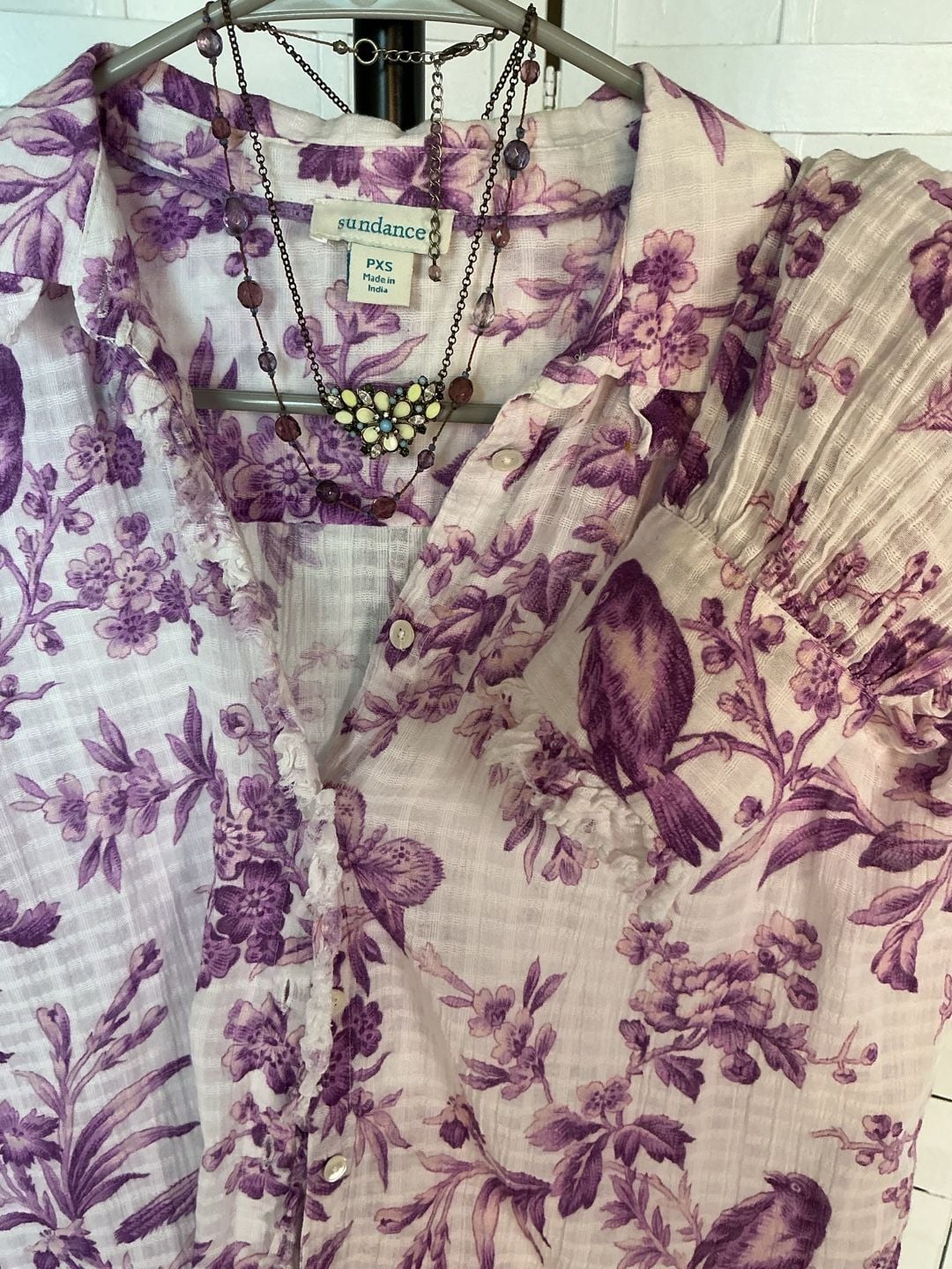 Sundance Purple and White Floral Toile Bird Long Sleeve Button Down Blouse PXS 6