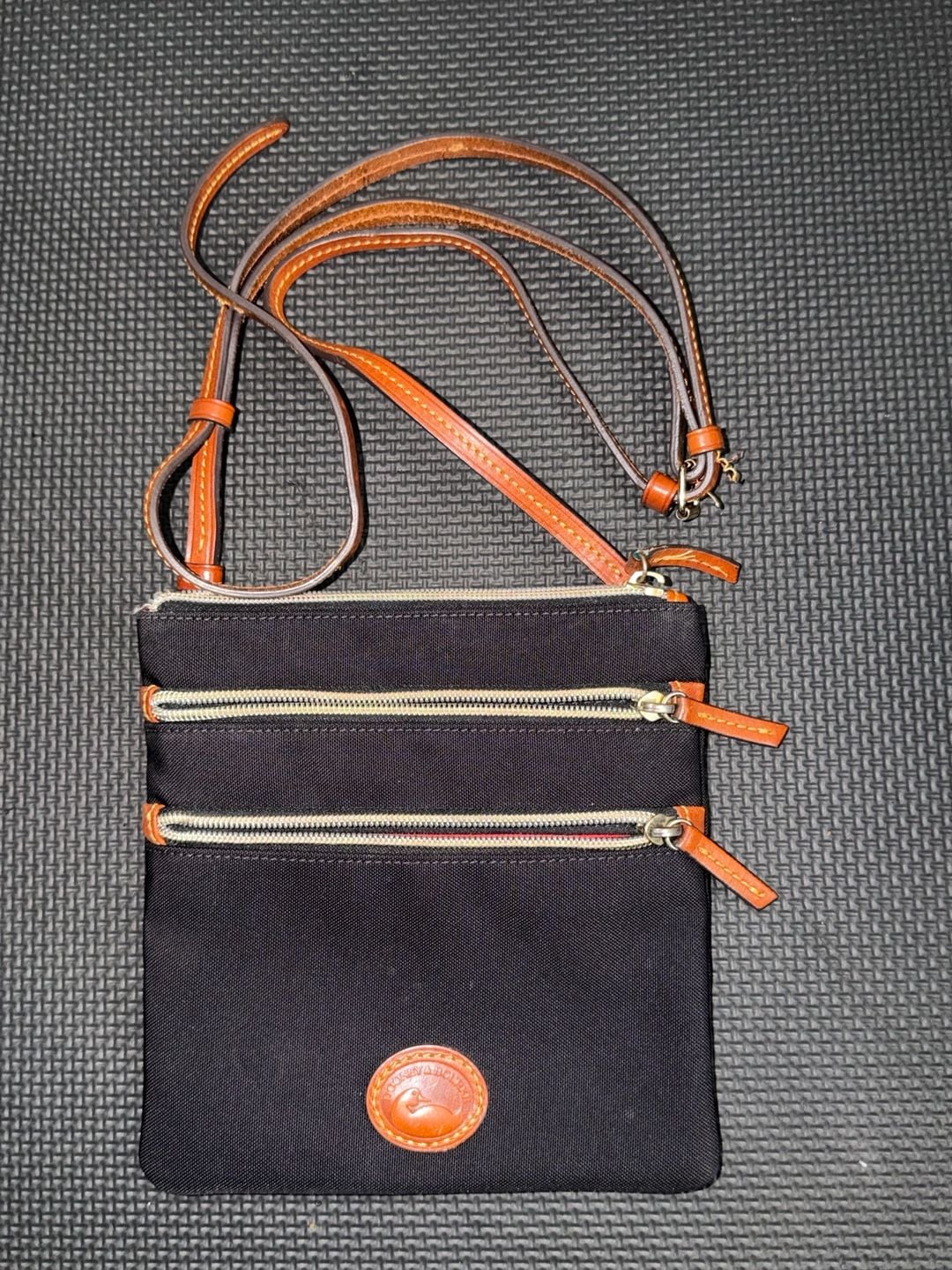 Dooney & Bourke Black Nylon Triple Zip Crossbody Bag with Tan Leather Trim 2