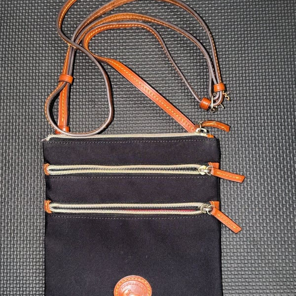 Dooney & Bourke Black Nylon Triple Zip Crossbody Bag with Tan Leather Trim