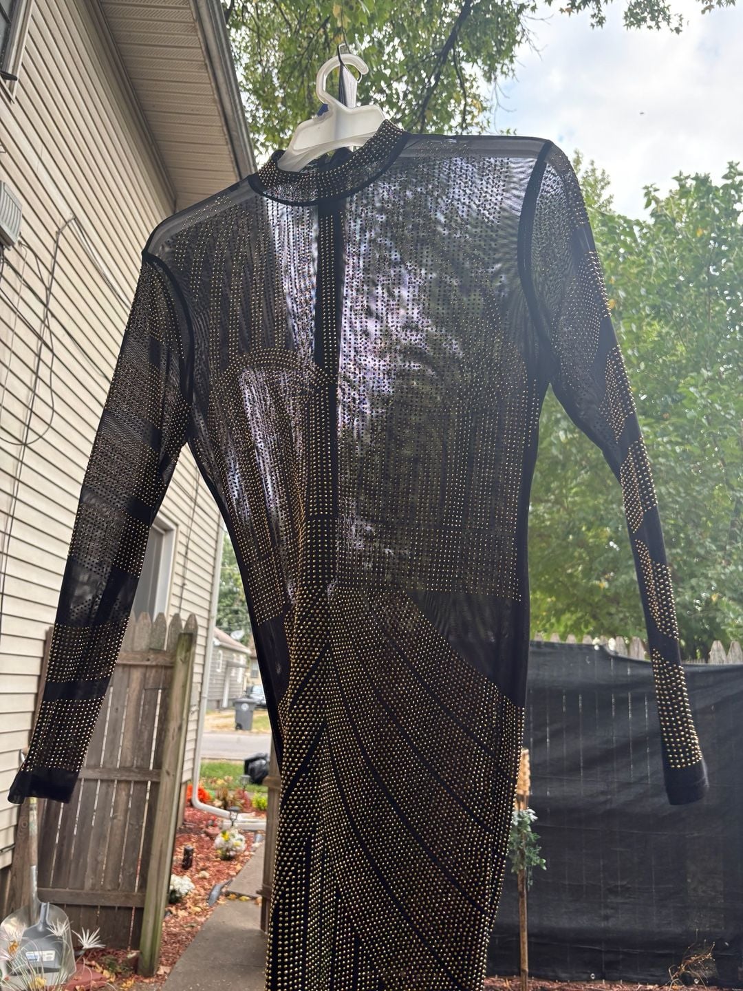Black Long Sleeve Rhinestone Studded Sheer Mesh Party Dress 2