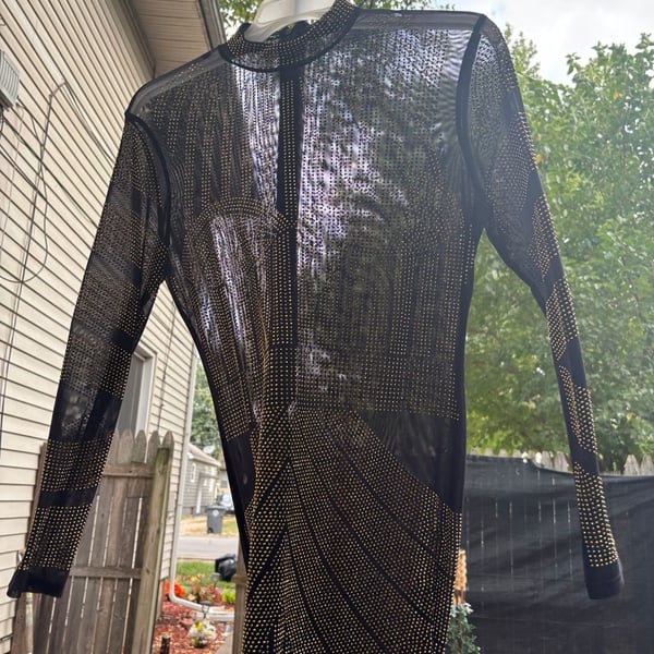 Black Long Sleeve Rhinestone Studded Sheer Mesh Party Dress