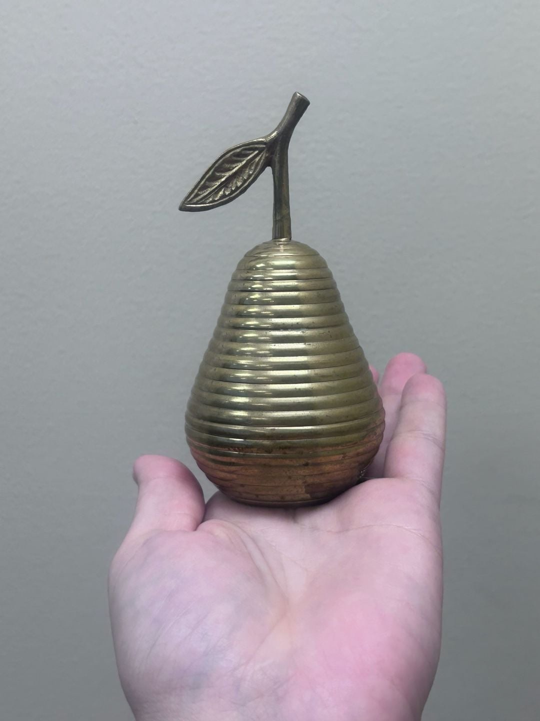 Vintage Mid-Century Modern Ribbed Brass Pear Figurine Bell with Leaf 2