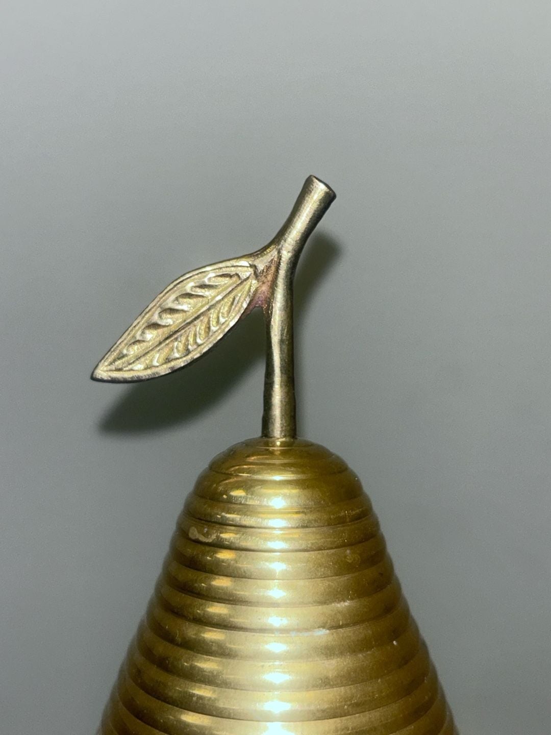 Vintage Mid-Century Modern Ribbed Brass Pear Figurine Bell with Leaf 3