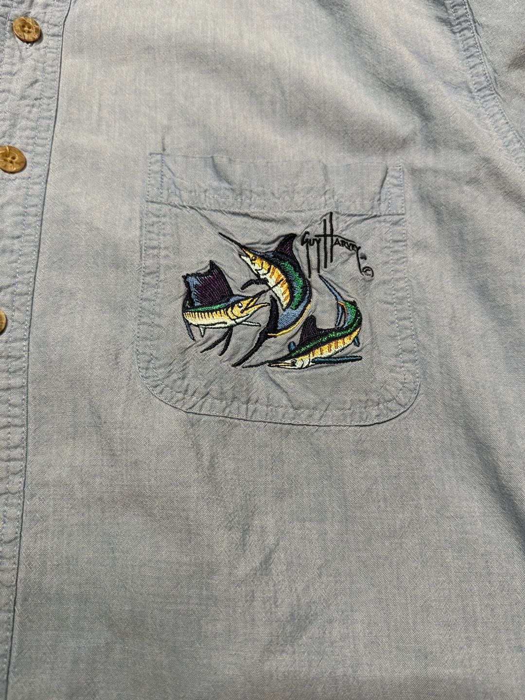 Guy Harvey by Bluewater Short Sleeve Chambray Button Up Shirt XL Marlin Embroidered 3