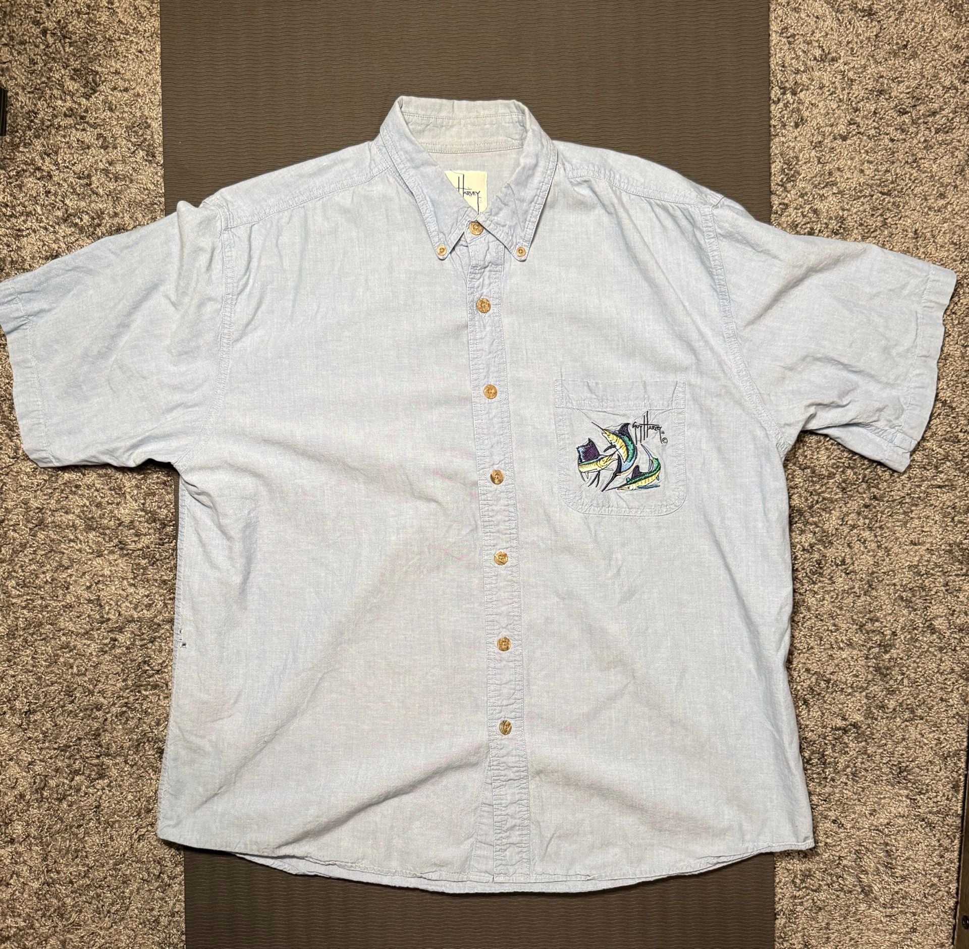 Guy Harvey by Bluewater Short Sleeve Chambray Button Up Shirt XL Marlin Embroidered 2