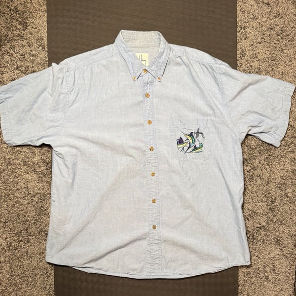Guy Harvey by Bluewater Short Sleeve Chambray Button Up Shirt XL Marlin Embroidered