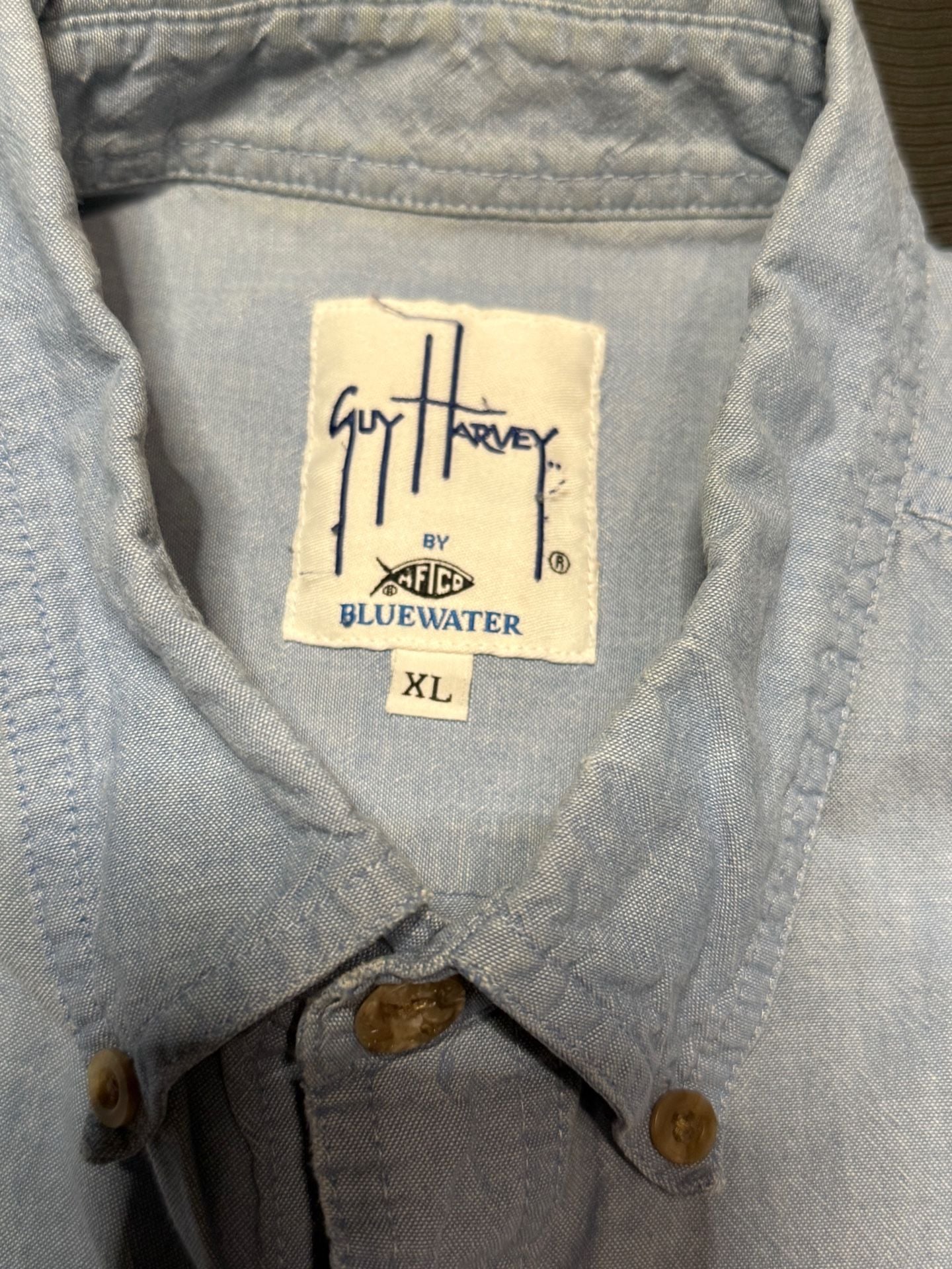 Guy Harvey by Bluewater Short Sleeve Chambray Button Up Shirt XL Marlin Embroidered 4