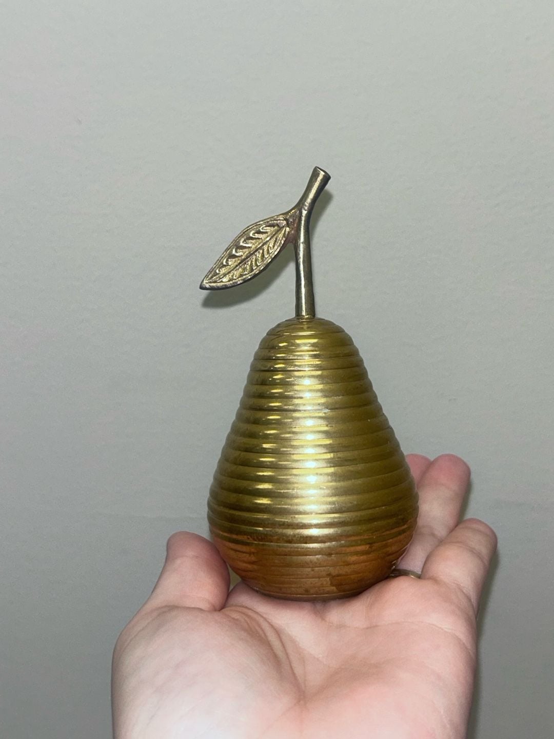 Vintage Mid-Century Modern Ribbed Brass Pear Figurine Bell with Leaf 1