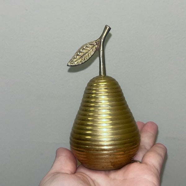 Vintage Mid-Century Modern Ribbed Brass Pear Figurine Bell with Leaf