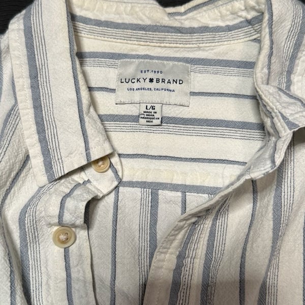Lucky Brand Men's White Blue Striped Short Sleeve Button-Up Shirt Size L