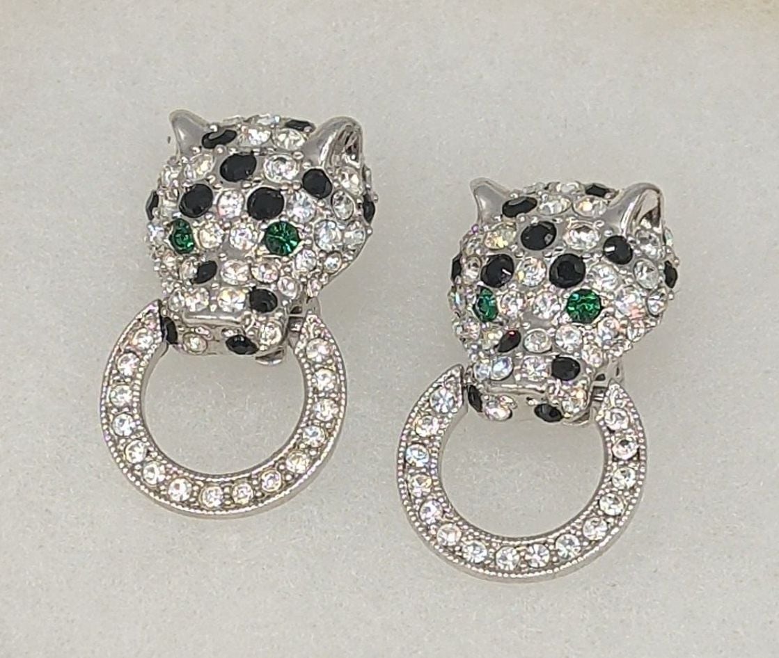 Kenneth Jay Lane Pave Crystal Leopard Panther Green Eyes Clip On Earrings 2