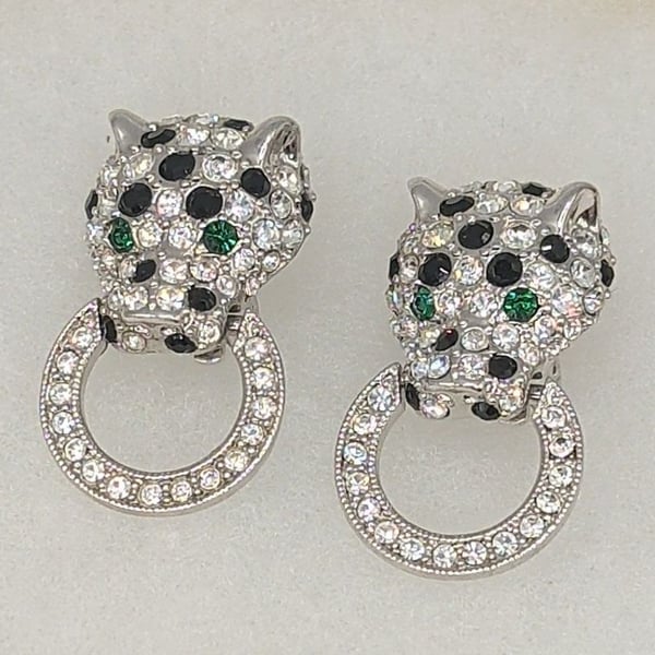 Kenneth Jay Lane Pave Crystal Leopard Panther Green Eyes Clip On Earrings
