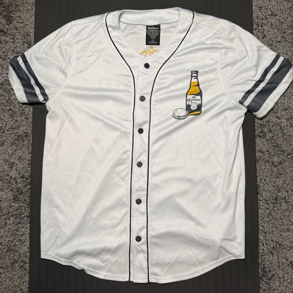 Corona Extra White Baseball Jersey Button-Up Shirt with Lime and Number 25 - Men's Size L
