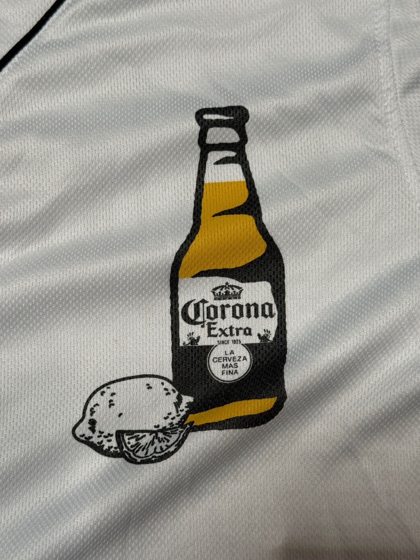 Corona Extra White Baseball Jersey Button-Up Shirt with Lime and Number 25 - Men's Size L 4