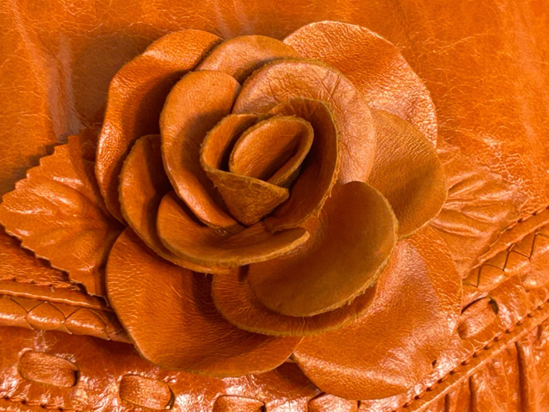Y2K MINT Junior Drake Orange Leather 3-D Rose Flower Shoulder Bag, Collectible
6