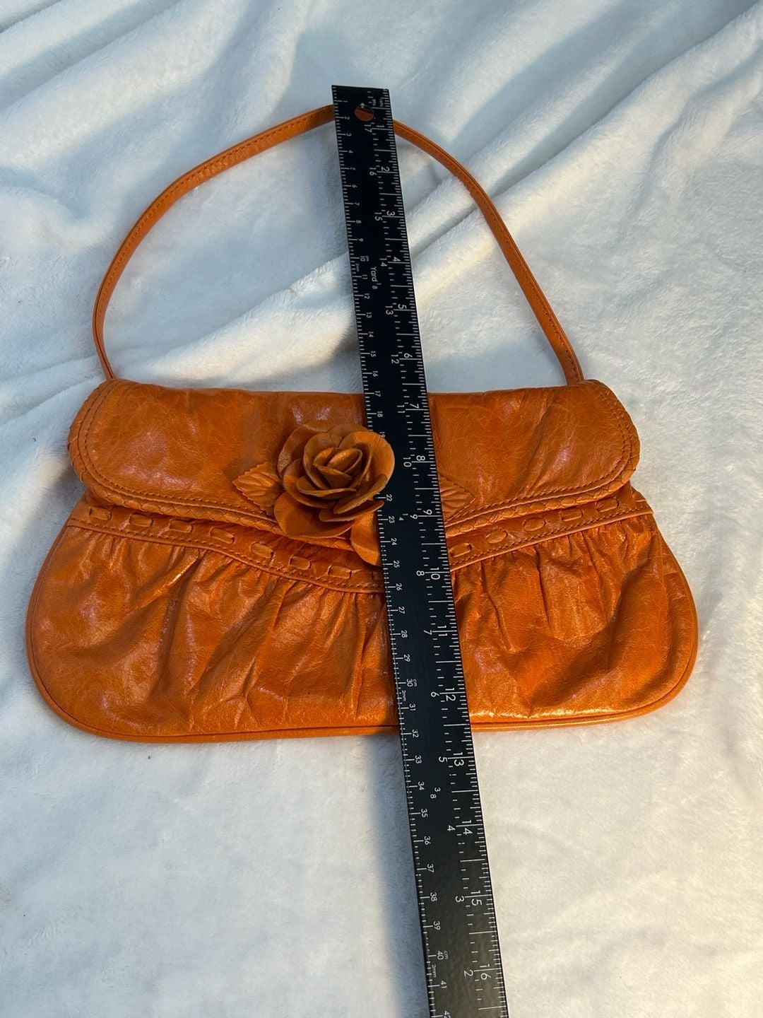 Y2K MINT Junior Drake Orange Leather 3-D Rose Flower Shoulder Bag, Collectible
14