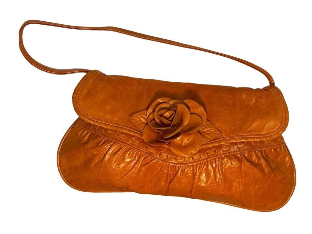 Y2K MINT Junior Drake Orange Leather 3-D Rose Flower Shoulder Bag, Collectible
2