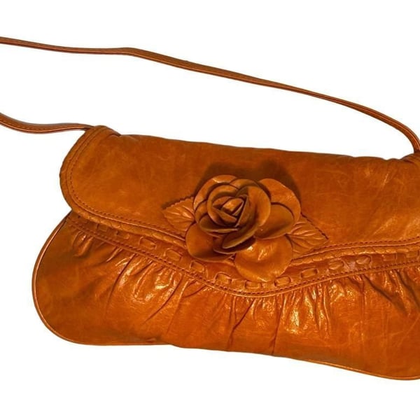 Y2K MINT Junior Drake Orange Leather 3-D Rose Flower Shoulder Bag, Collectible