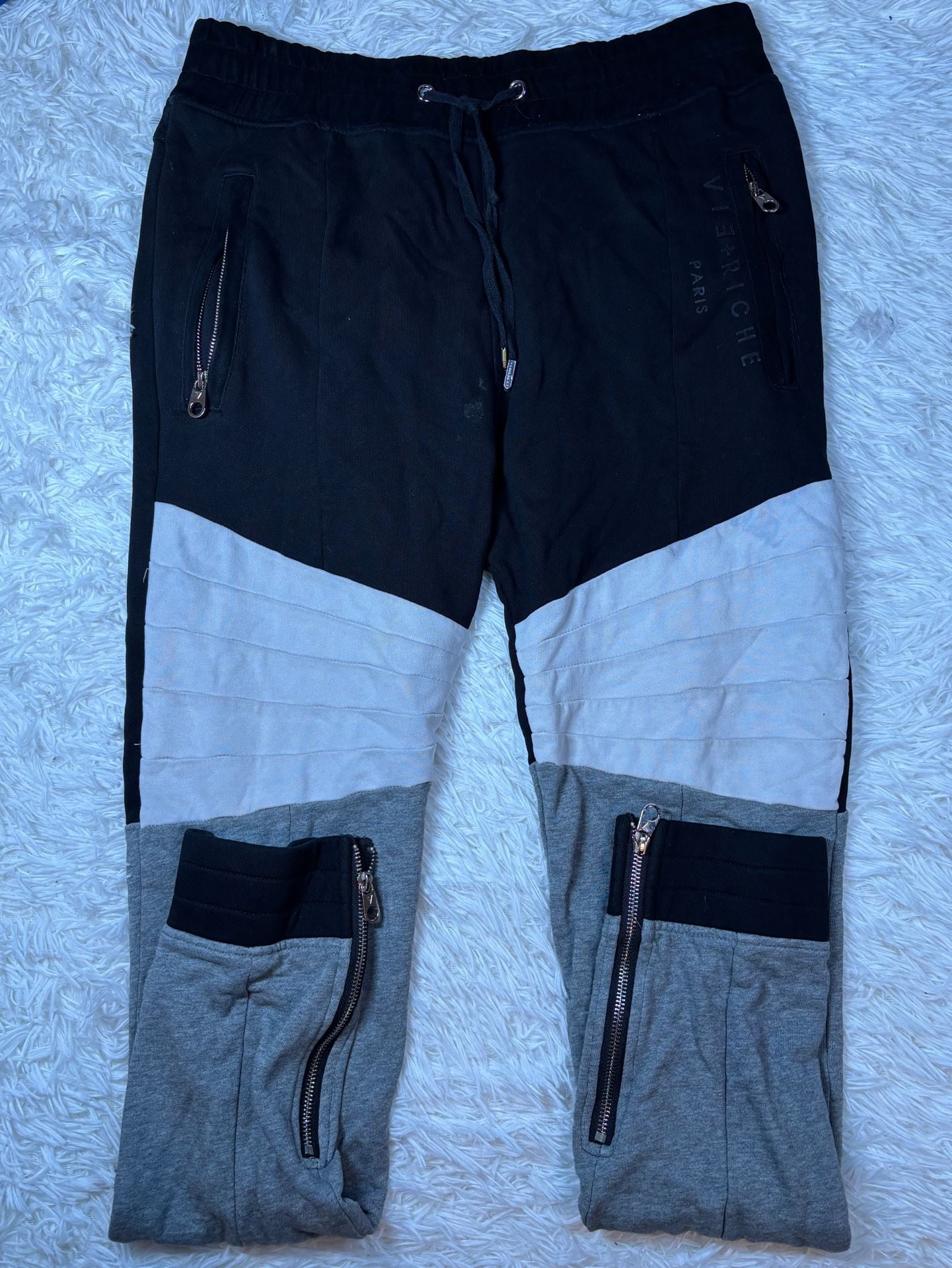 VIE+RICHE Paris Colorblocked Zipped Jogger Sweatpants Black Grey White 2