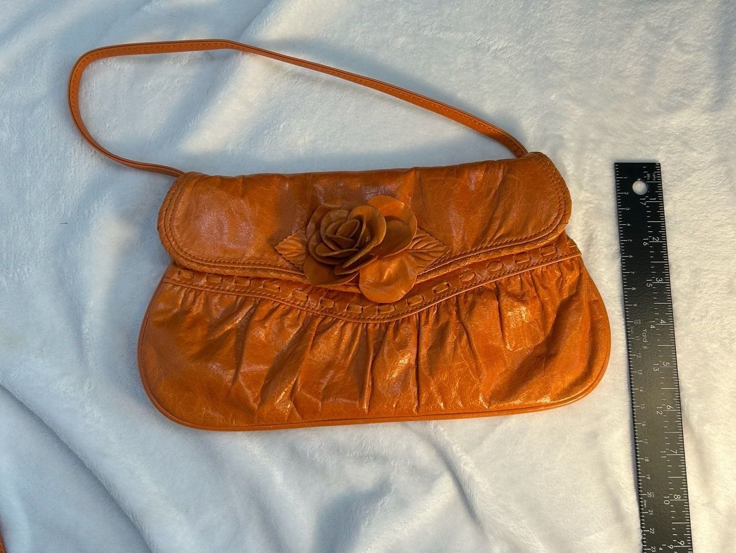 Y2K MINT Junior Drake Orange Leather 3-D Rose Flower Shoulder Bag, Collectible
12