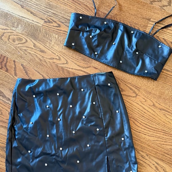 SHEIN Faux Leather Rhinestone Studded Cami Crop Top and Mini Skirt Two-Piece Set