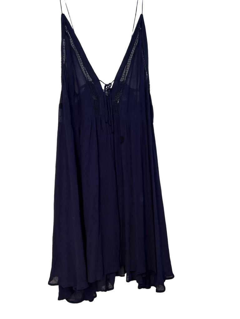 Free People Navy Blue Sheer V-Neck Lace Trim Babydoll Slip Dress 4