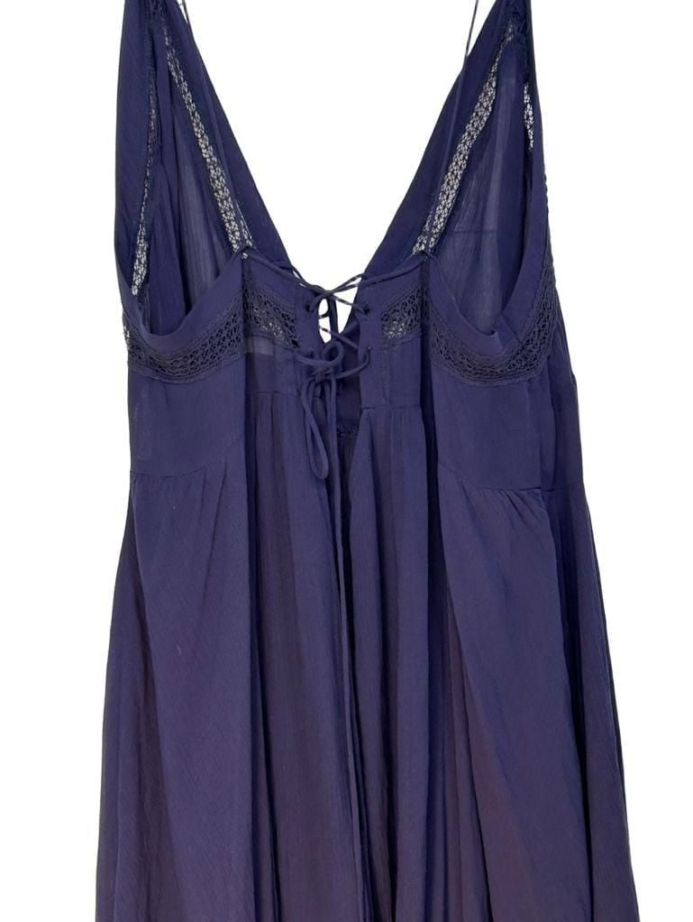 Free People Navy Blue Sheer V-Neck Lace Trim Babydoll Slip Dress 10